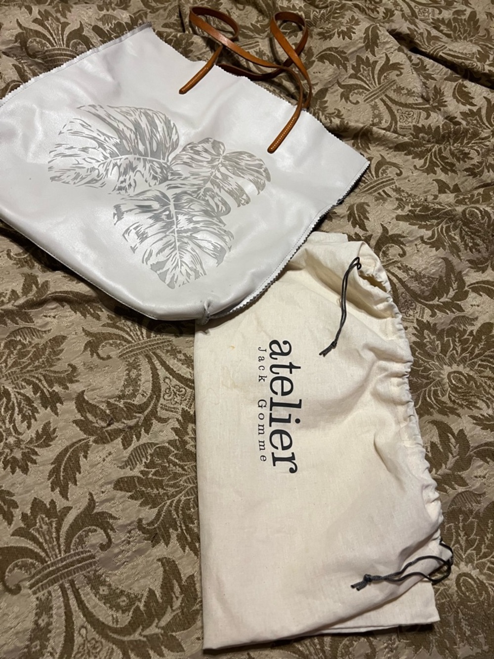 White Tote Bag with Gray Leaf and Brown Straps - Picture 2 of 4